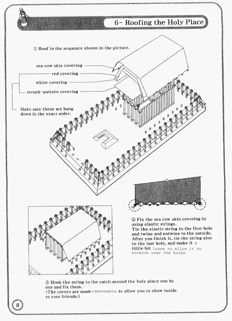 Instructions for installing the Tabernacle Kit tent coverings.