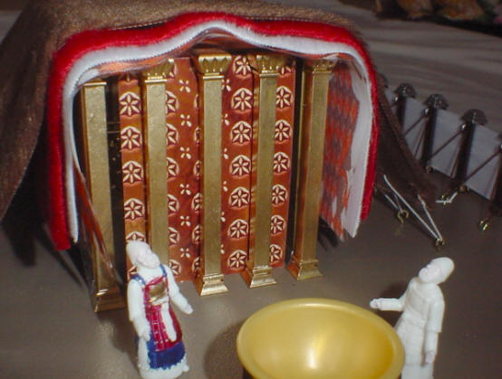 Photo showing the front of the tabernacle kit Holy Place with tent coverings in place.